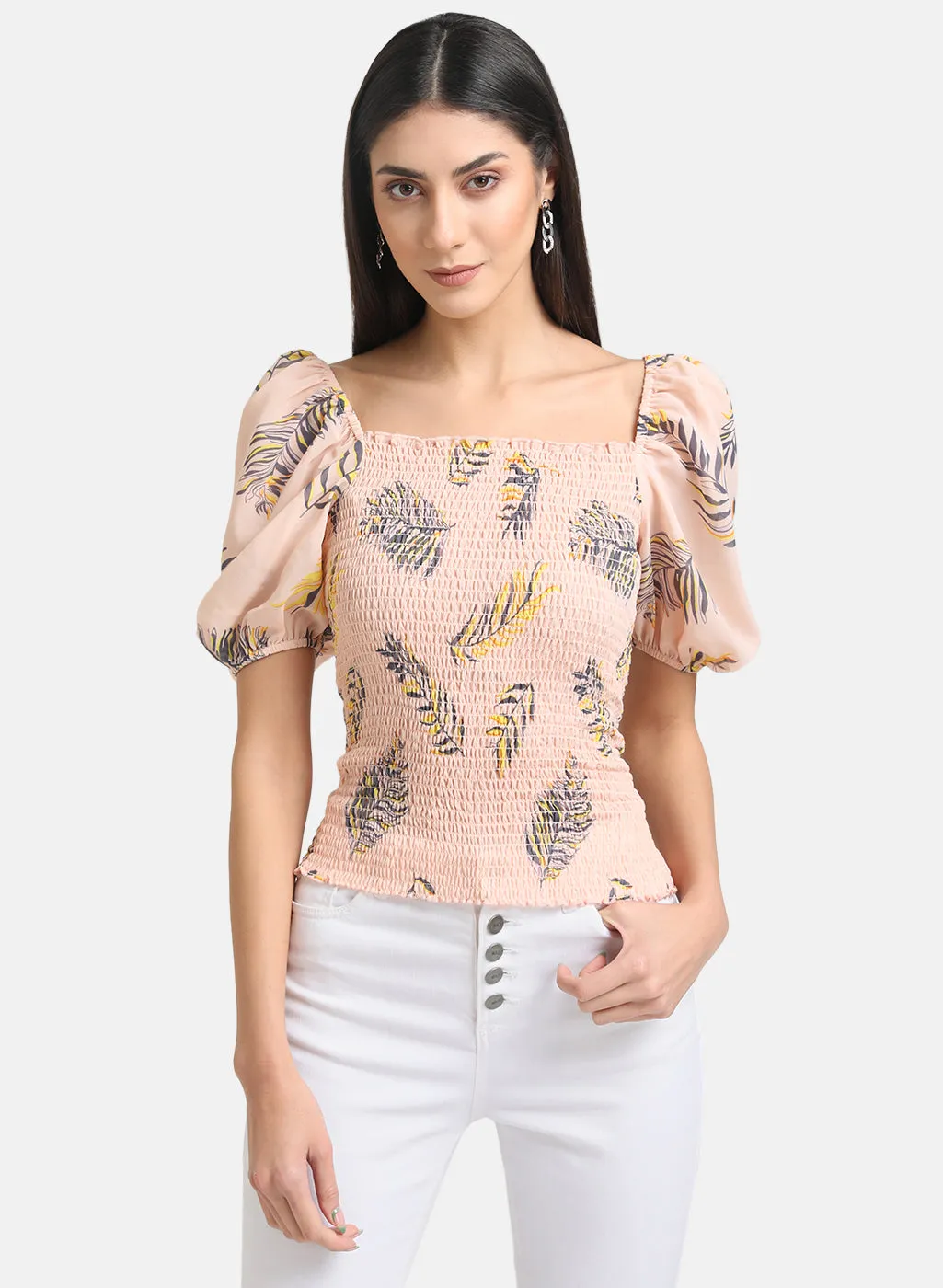 Printed Smocked Crop Top With Puff Sleeves