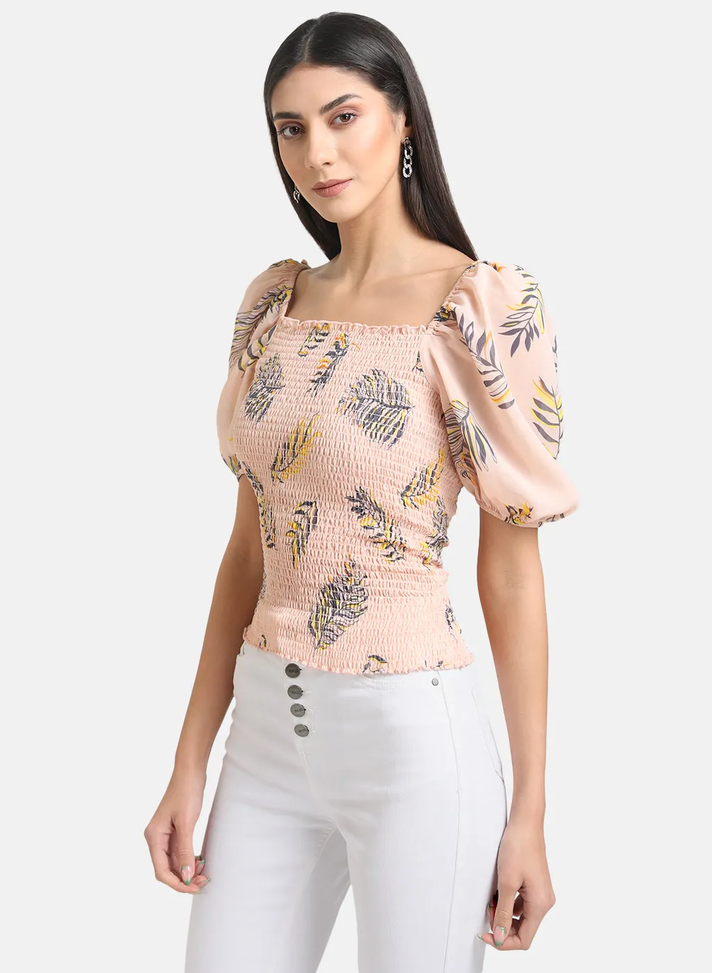 Printed Smocked Crop Top With Puff Sleeves