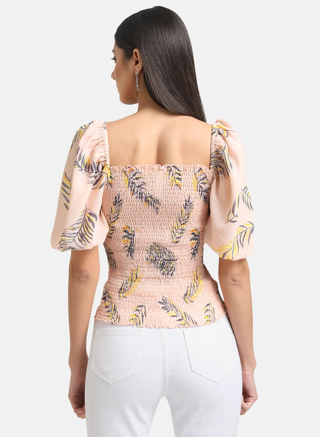 Printed Smocked Crop Top With Puff Sleeves