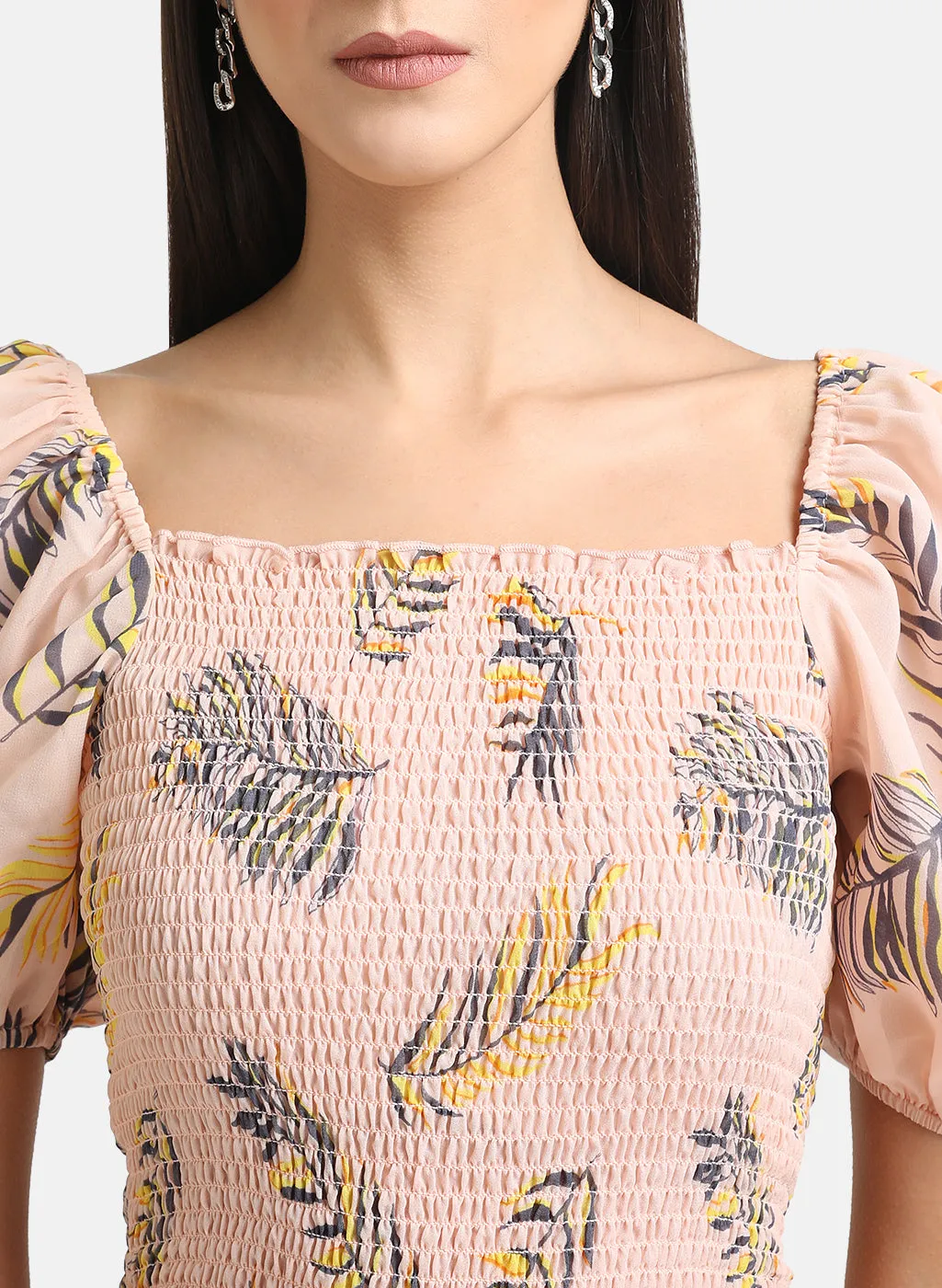 Printed Smocked Crop Top With Puff Sleeves