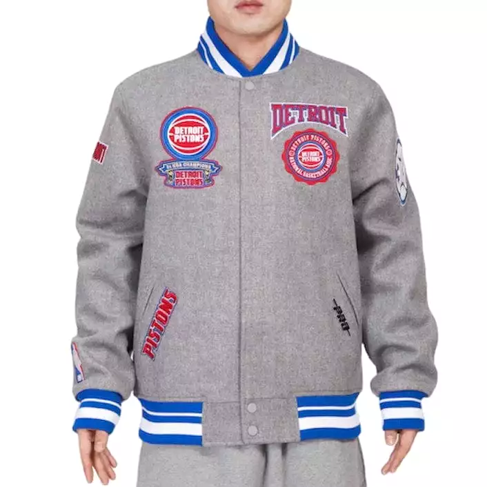 Pro Standard Detroit Pistons Crest Emblem Varsity Jacket (Heather Grey/Royal)