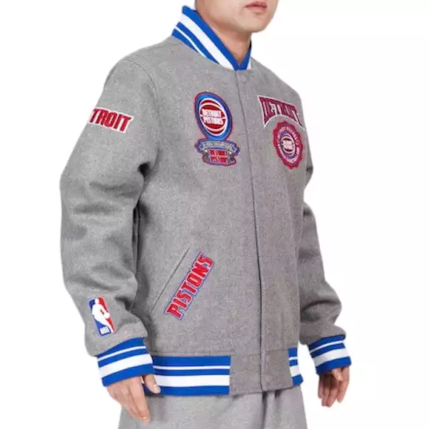 Pro Standard Detroit Pistons Crest Emblem Varsity Jacket (Heather Grey/Royal)