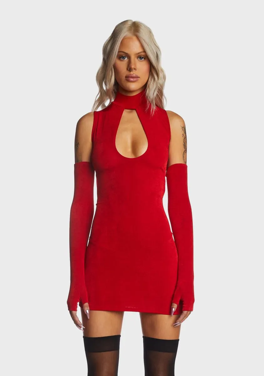 Red Cut Out Mini Dress With Gloves-