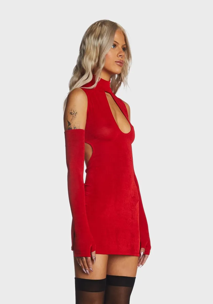 Red Cut Out Mini Dress With Gloves-