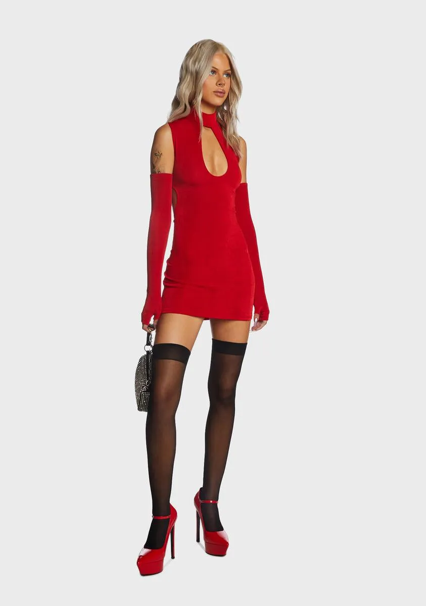 Red Cut Out Mini Dress With Gloves-