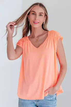 Ruched Cap Sleeve Top in Neon Orange