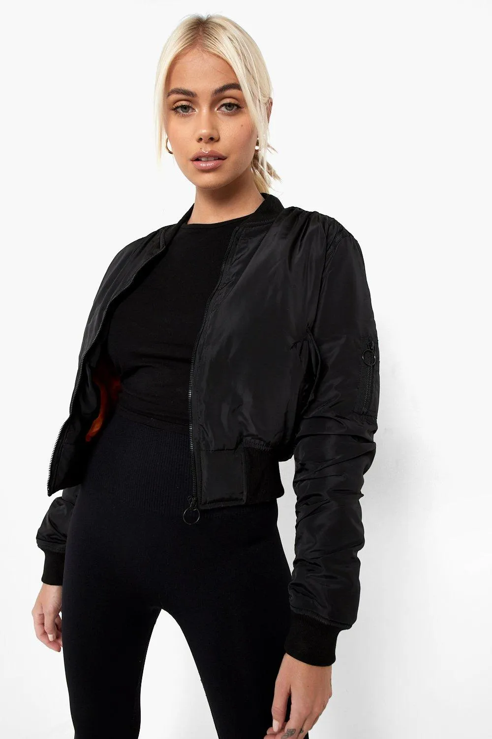 Ruched Sleeve Bomber Jacket