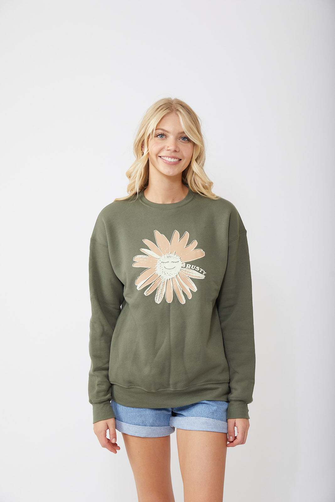 Rusty USA Flower Odyssey Crew Fleece MILITARY GREEN