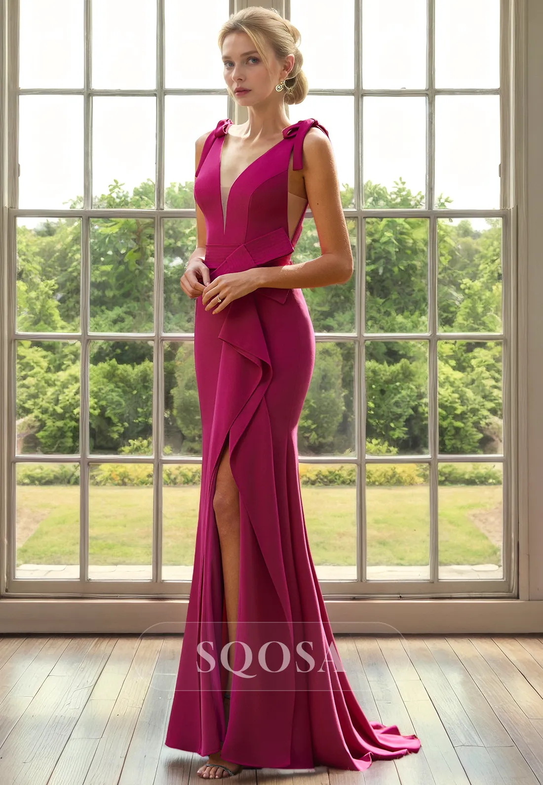 Sexy V neck Mermaid Mother of the Bridde Dress Long Cocktail Dress