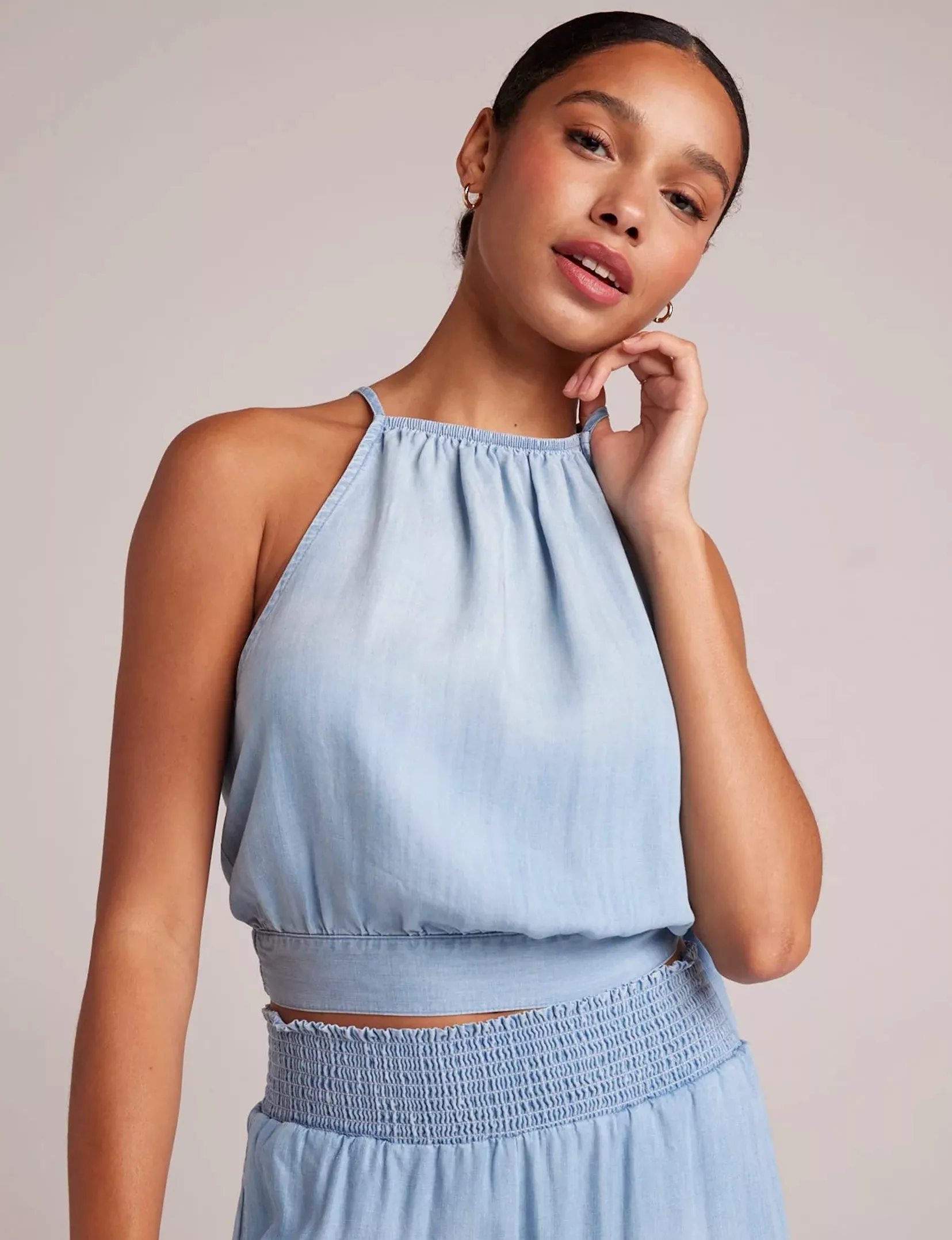 Side Tie Button Halter, Caribbean Wash