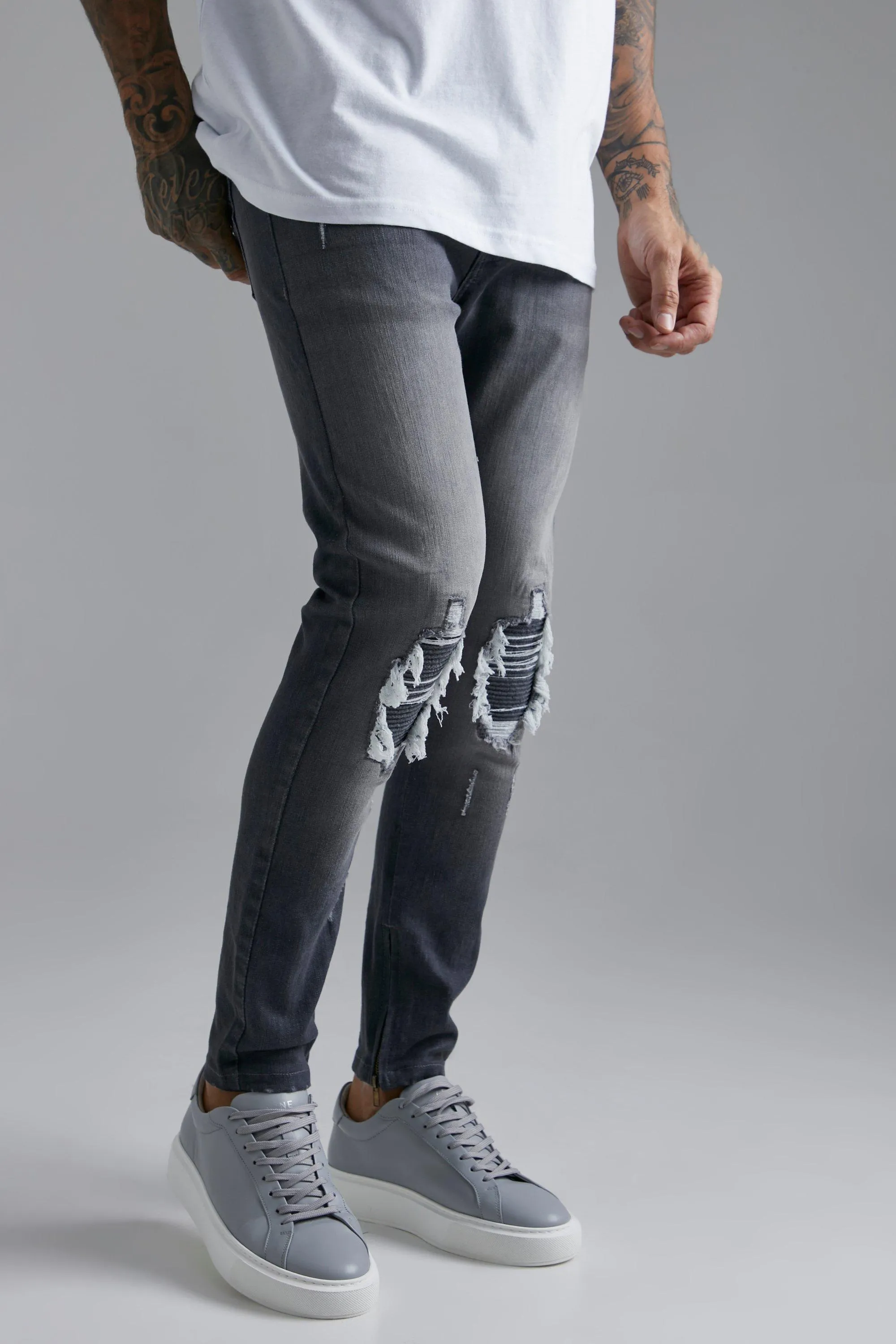 Skinny Stretch Rip & Repair Biker Jeans | boohooMAN UK