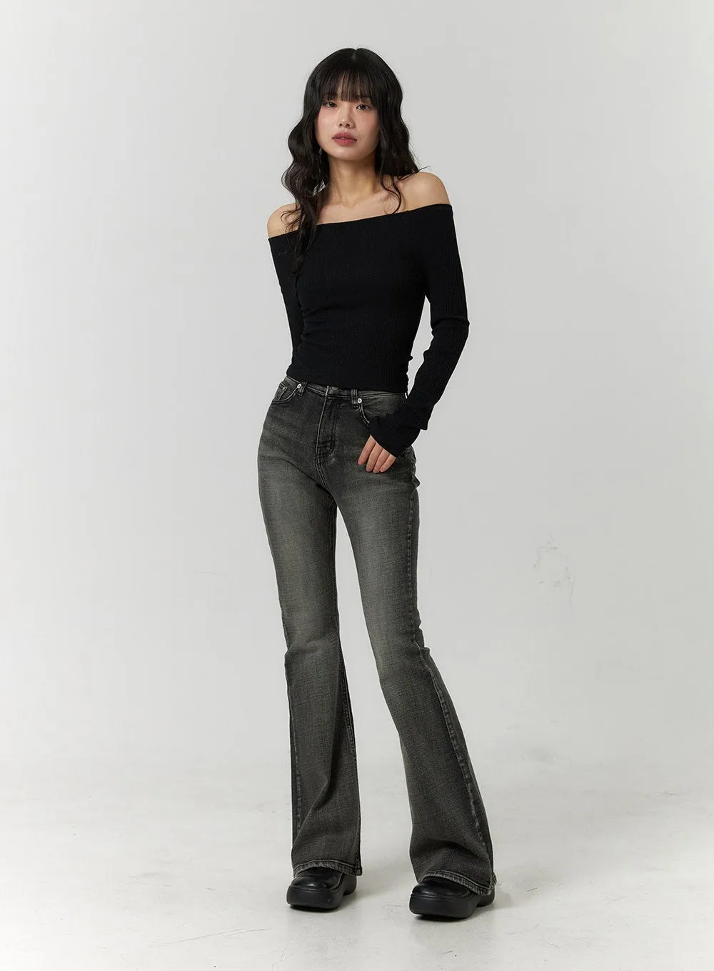 Slim Washed Denim Bootcut Jeans CF407