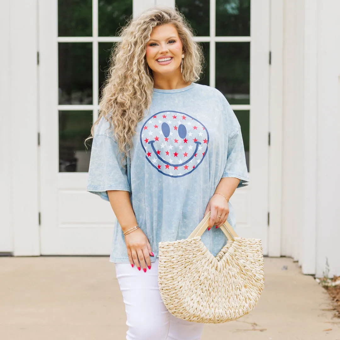 Stars Make Me Smile Boyfriend Tee, Ice Blue Acid Wash