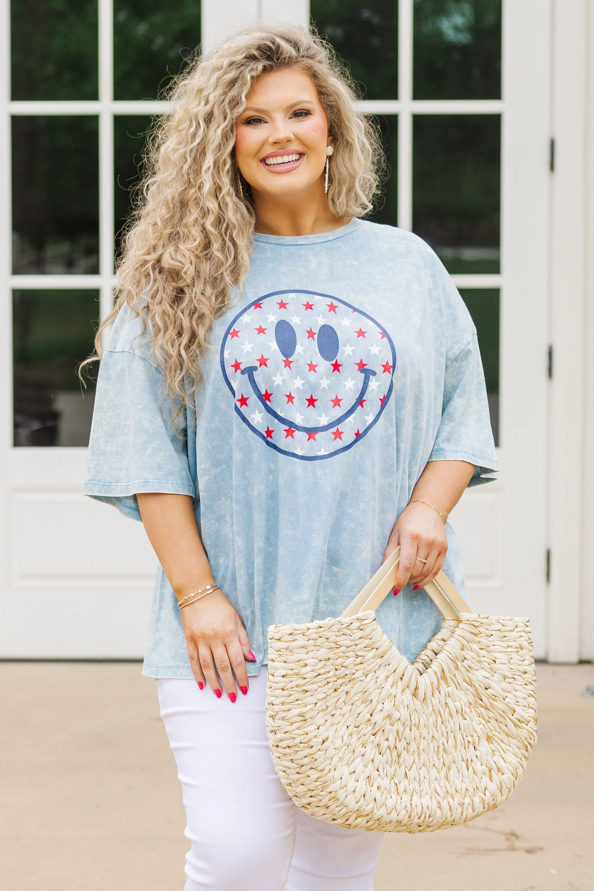 Stars Make Me Smile Boyfriend Tee, Ice Blue Acid Wash