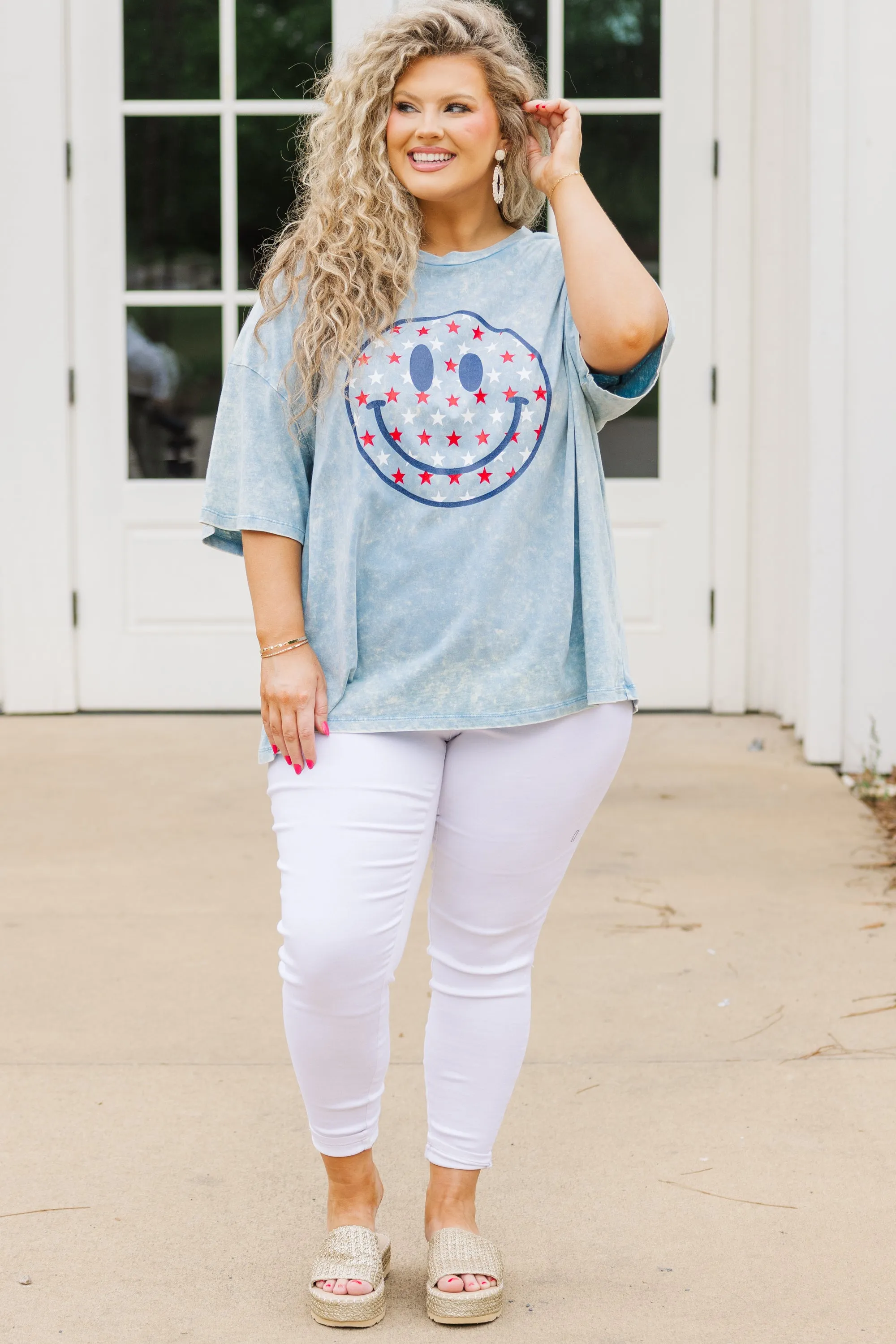 Stars Make Me Smile Boyfriend Tee, Ice Blue Acid Wash