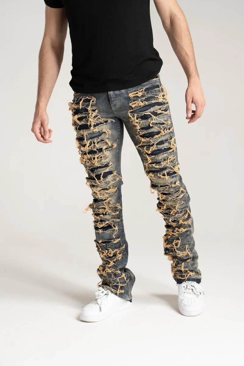 Taker Stacked Jeans With Multi Rip/Pepair Vintage