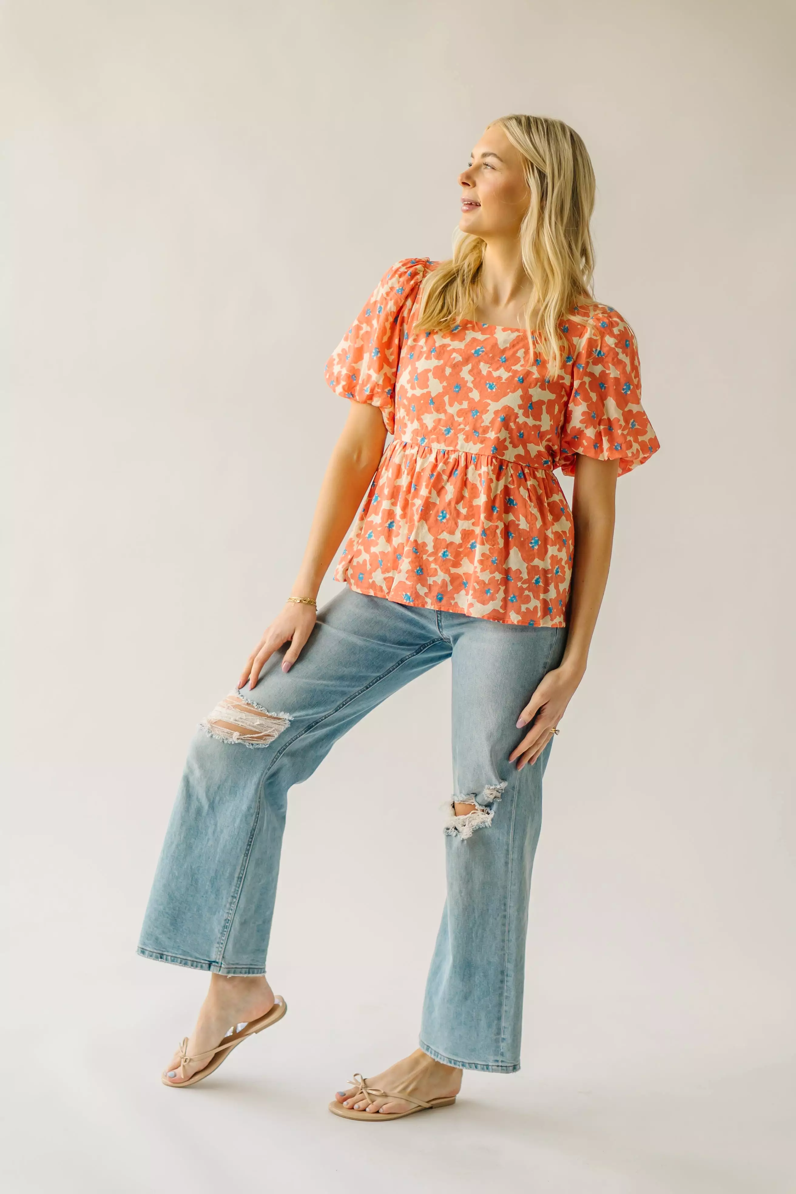 The Blanch Floral Bubble Sleeve Blouse in Orange Multi