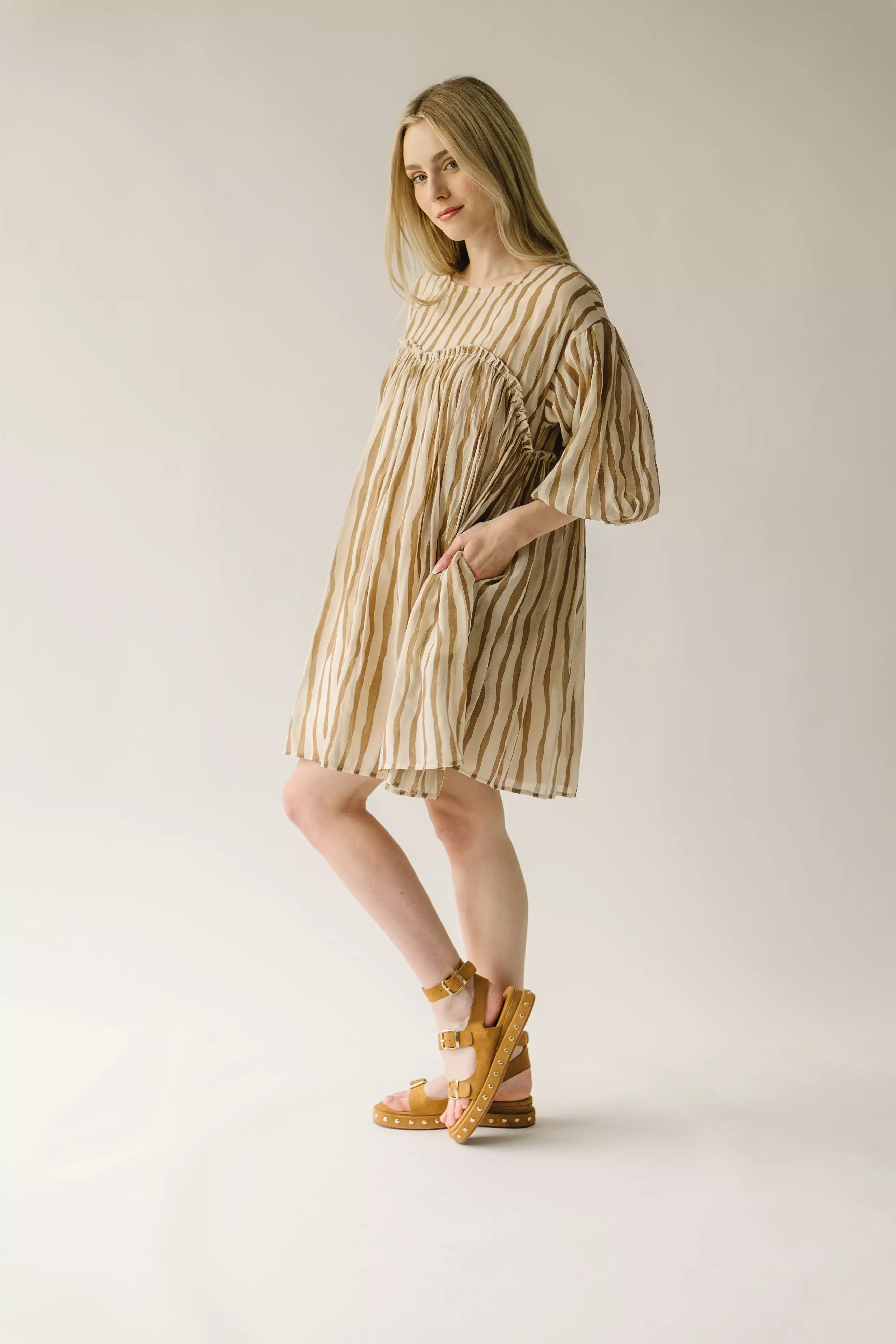 The Pampa Bubble Sleeve Babydoll Dress in Mocha Stripe