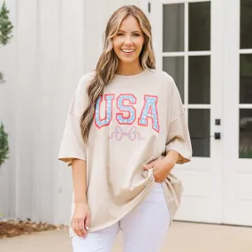 USA Cutie Boyfriend Tee, Light Mocha