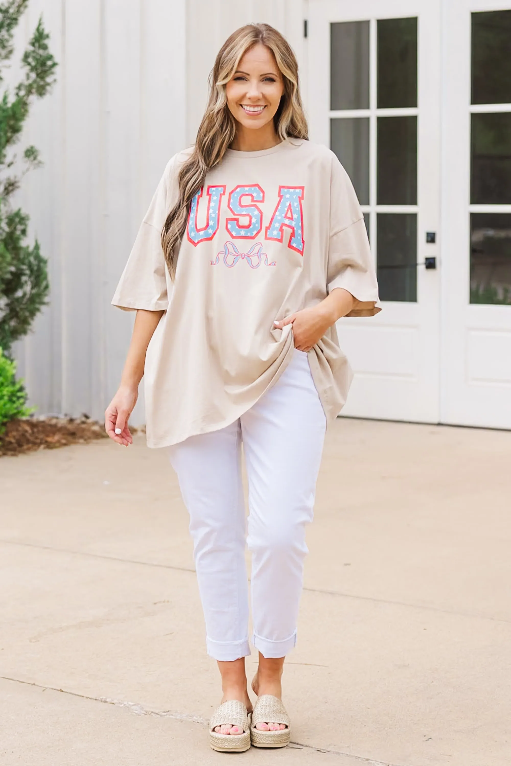 USA Cutie Boyfriend Tee, Light Mocha