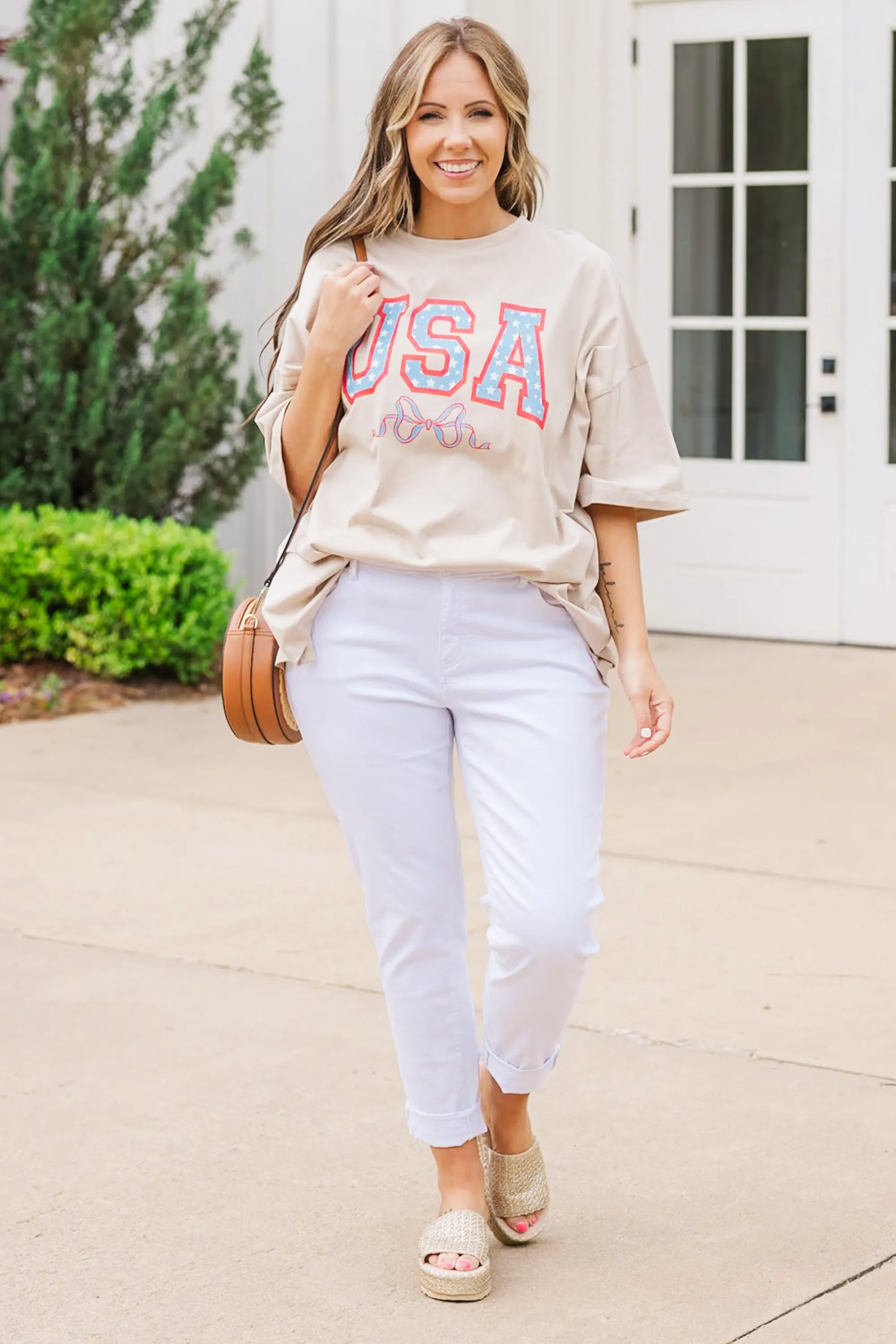 USA Cutie Boyfriend Tee, Light Mocha