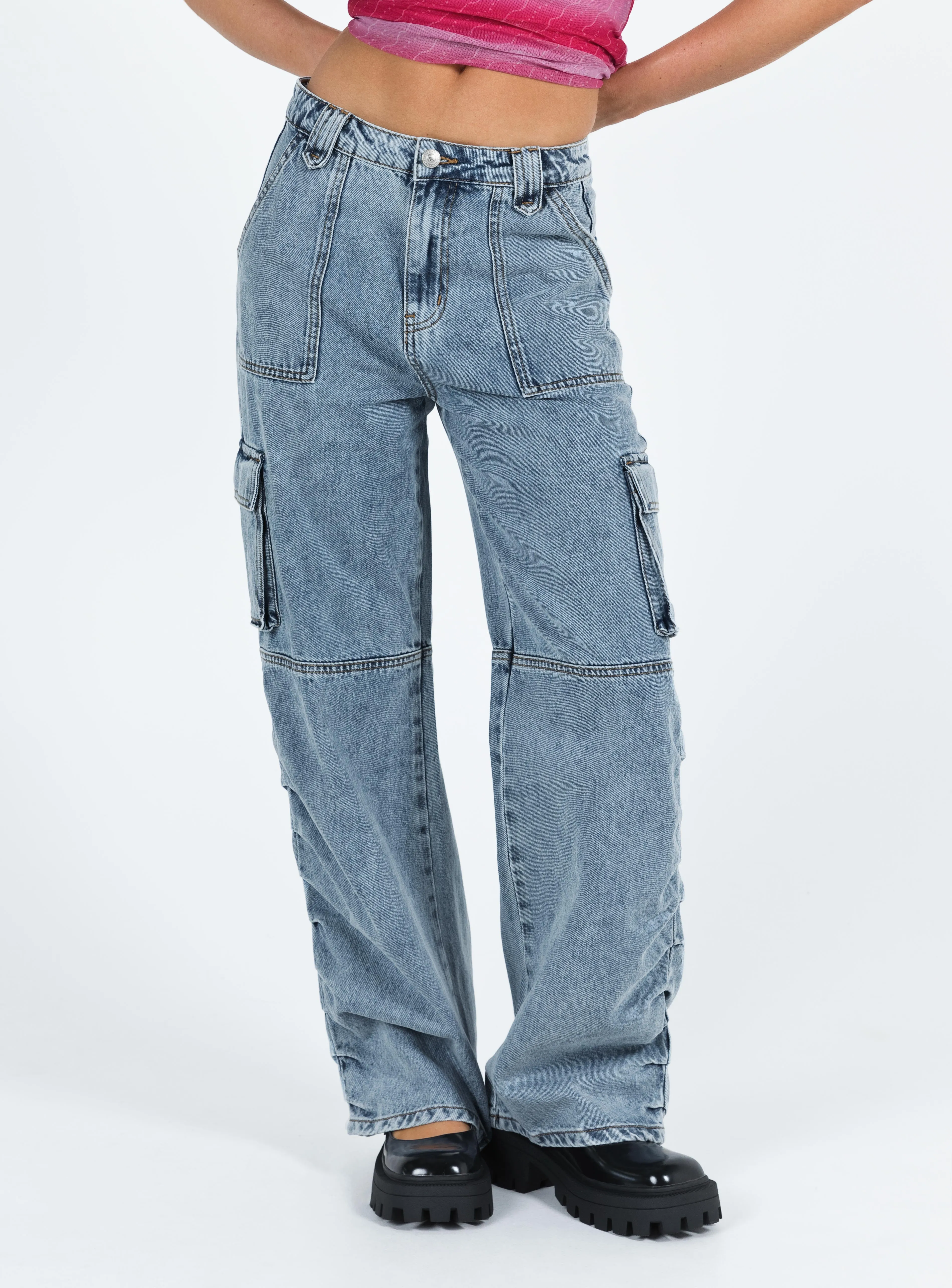 Vandana Cargo Jeans Mid Wash Denim