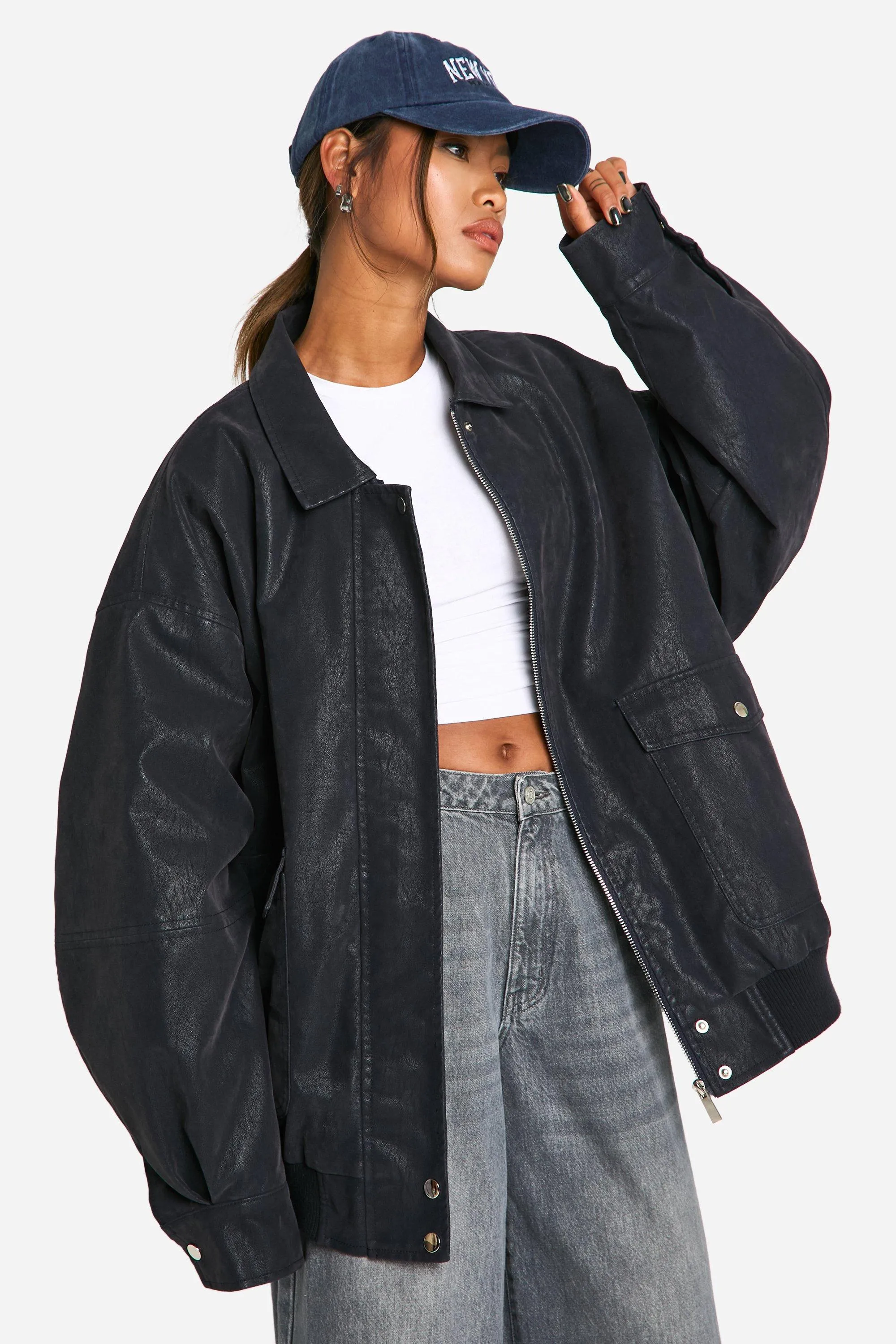 Vintage Look Faux Leather Oversized Bomber Jacket