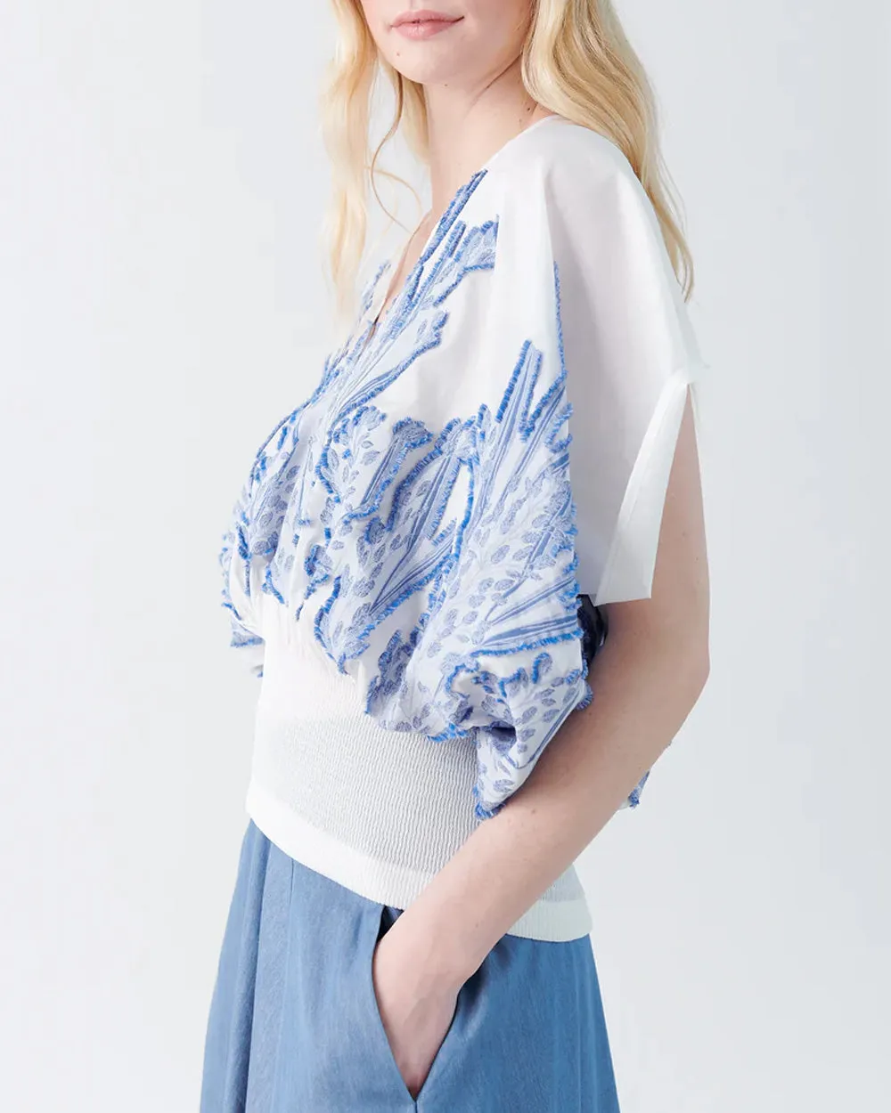 White and Blue Smocked Voile Eva Top