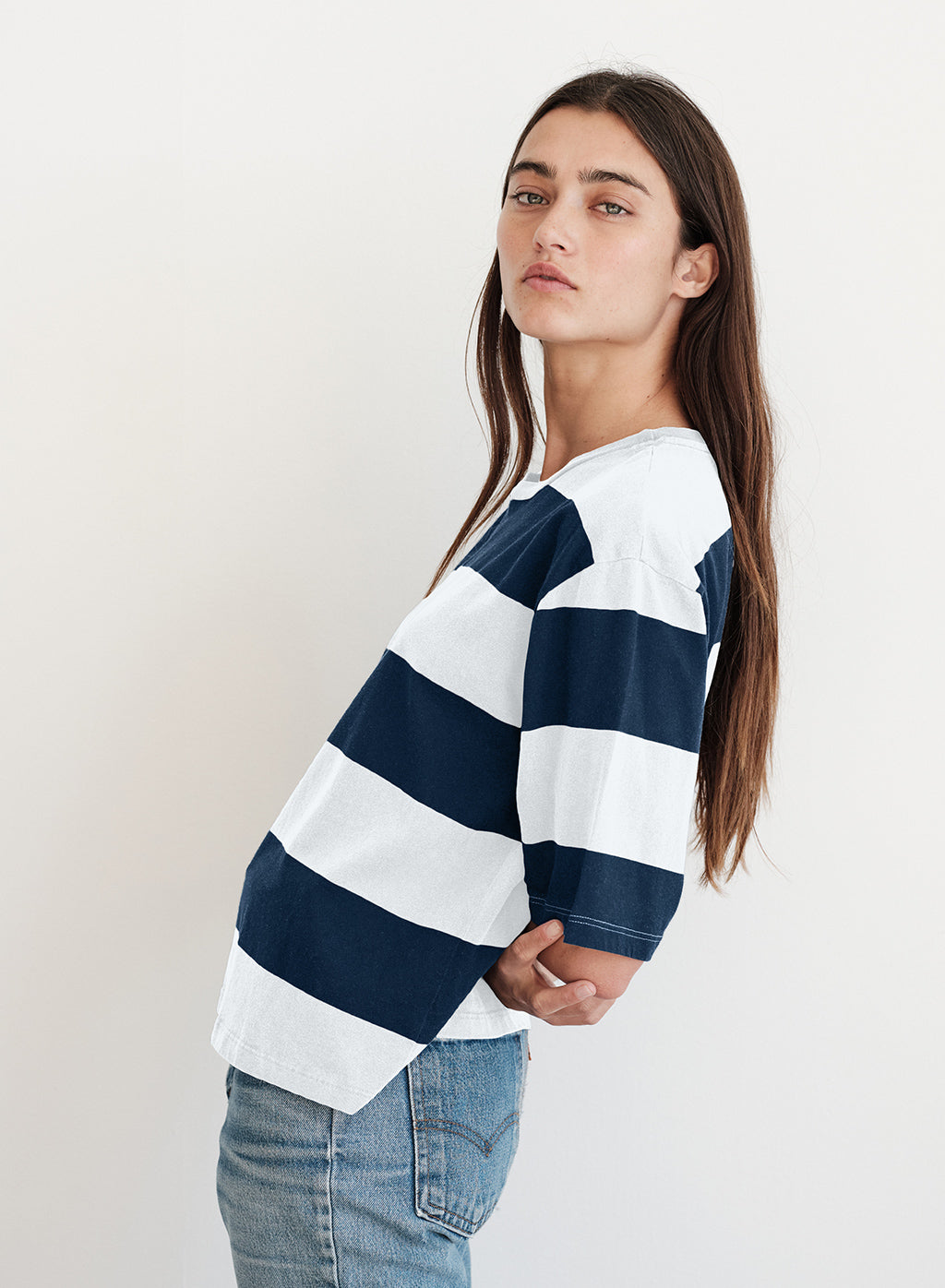 Wide Rugby Stripe Boyfriend Tee in Paper