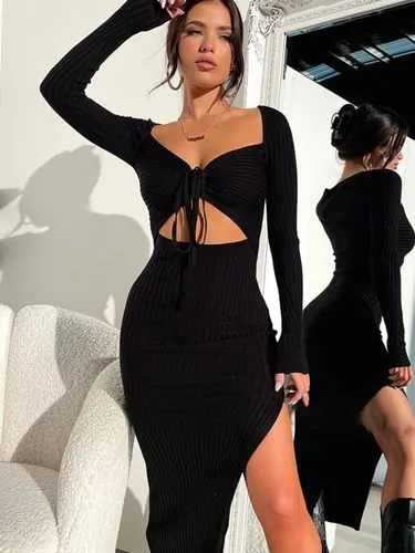 Women's Slit Dress Sexy V Neck Long Sleeve Solid Color Midi Dress Date