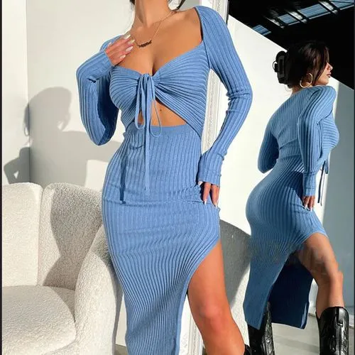 Women's Slit Dress Sexy V Neck Long Sleeve Solid Color Midi Dress Date