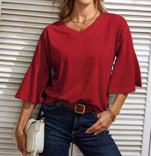 Women's T-shirt 3/4 Length Sleeve T-shirts Fashion Streetwear Solid Color