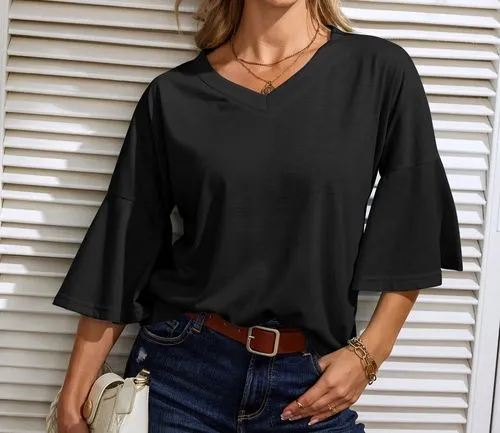 Women's T-shirt 3/4 Length Sleeve T-shirts Fashion Streetwear Solid Color