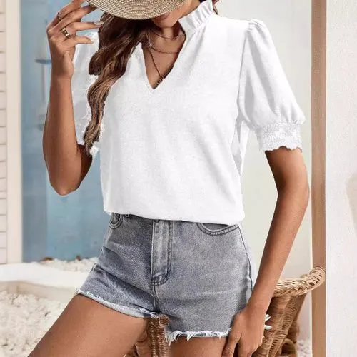 Women's T-shirt Short Sleeve T-Shirts Patchwork Elegant Streetwear Solid Color Lace