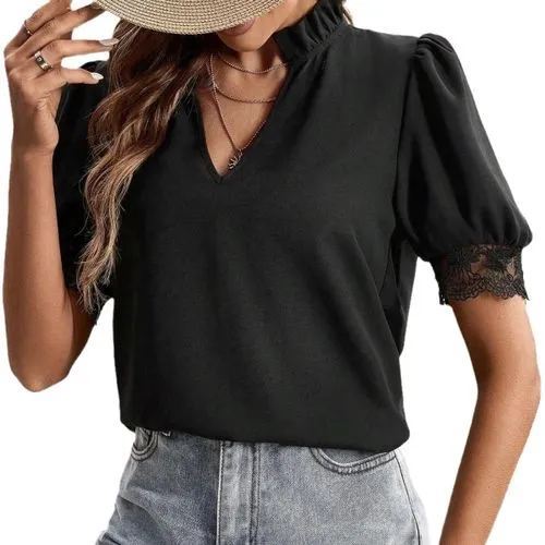 Women's T-shirt Short Sleeve T-Shirts Patchwork Elegant Streetwear Solid Color Lace