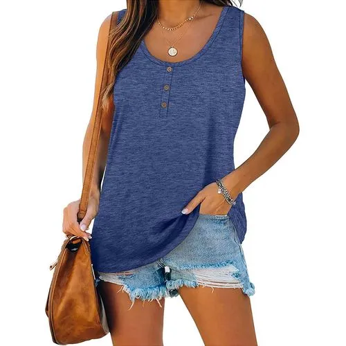 Women's T-shirt Sleeveless T-shirts Button Casual Solid Color