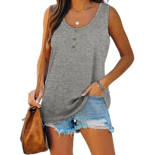 Women's T-shirt Sleeveless T-shirts Button Casual Solid Color