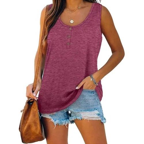 Women's T-shirt Sleeveless T-shirts Button Casual Solid Color