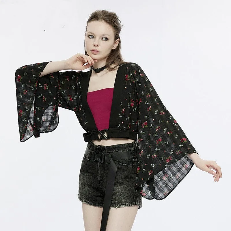 Women's Grunge Floral Chiffon Kimono Coat