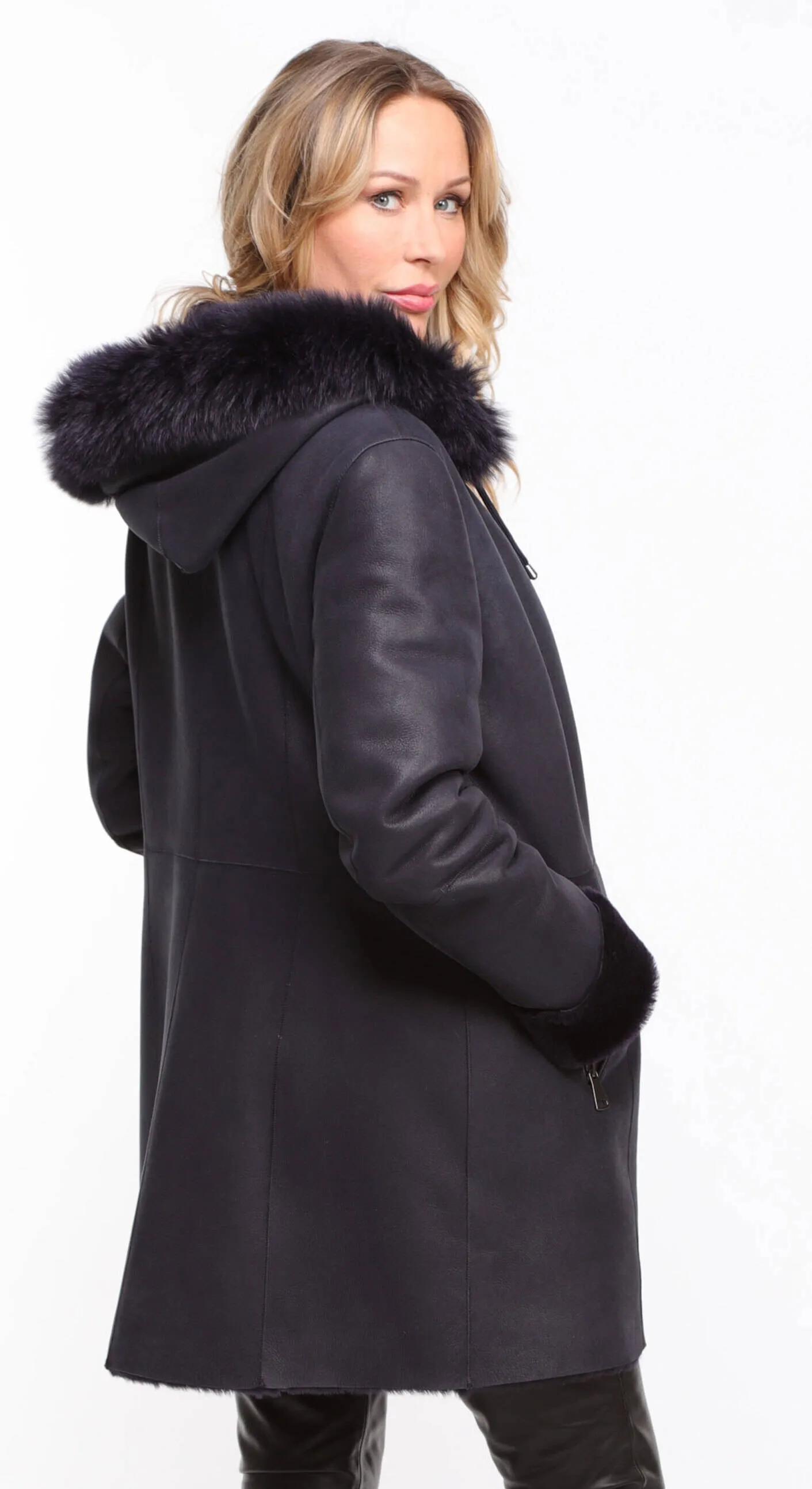 Women's navy \aurelia\ hooded sheepskin coat