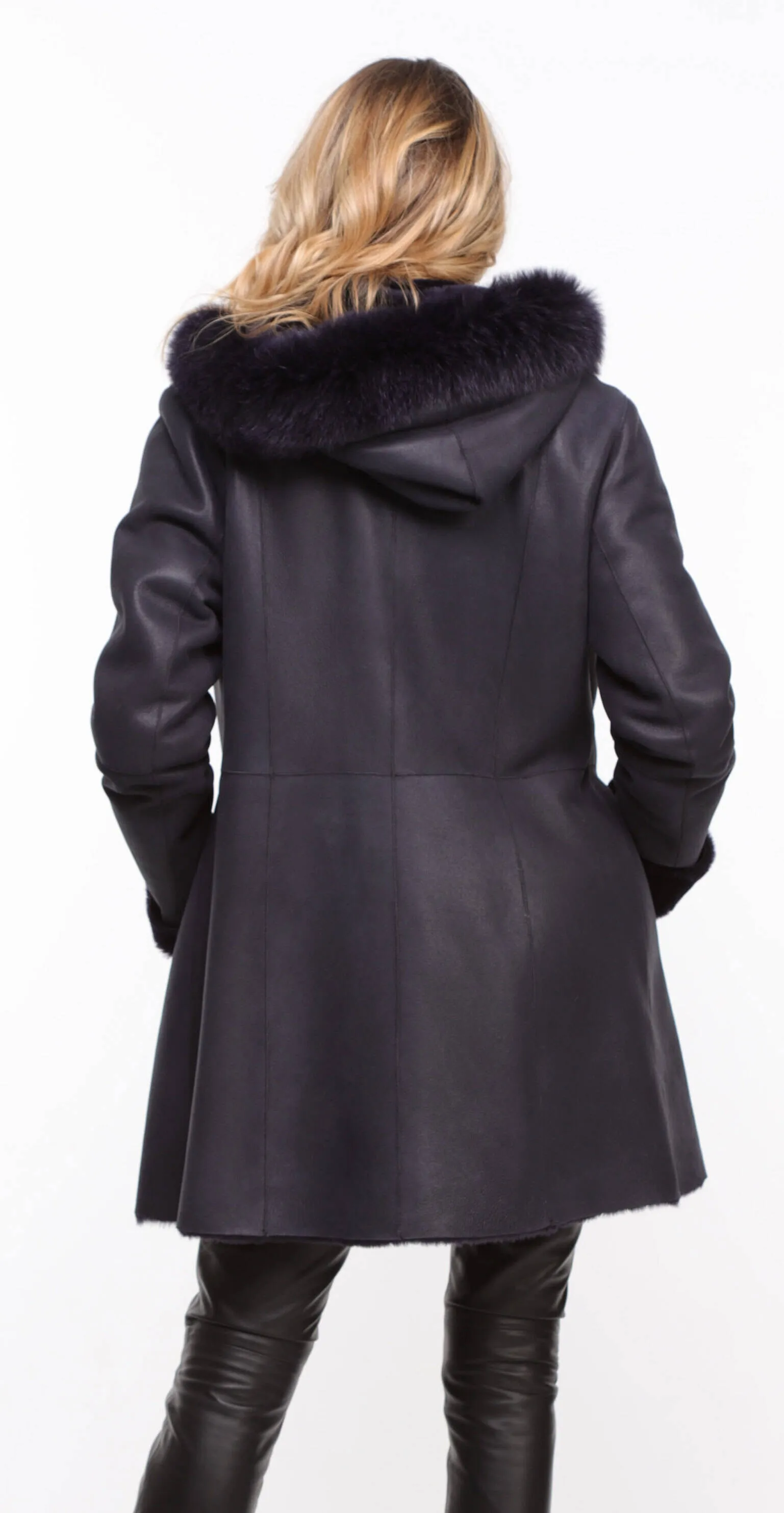 Women's navy \aurelia\ hooded sheepskin coat