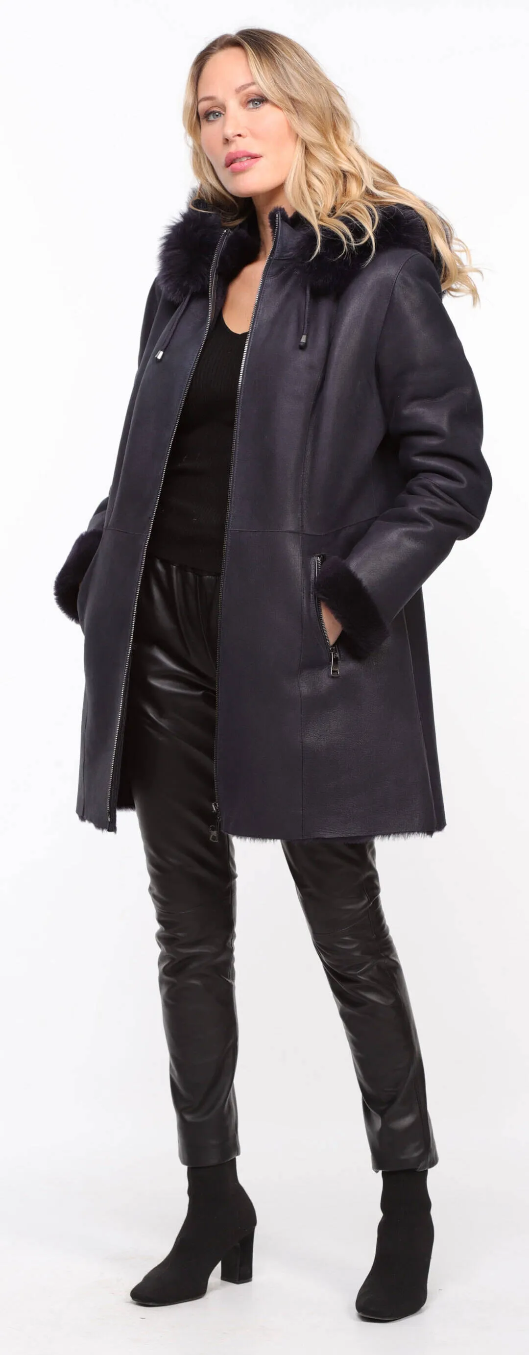 Women's navy \aurelia\ hooded sheepskin coat