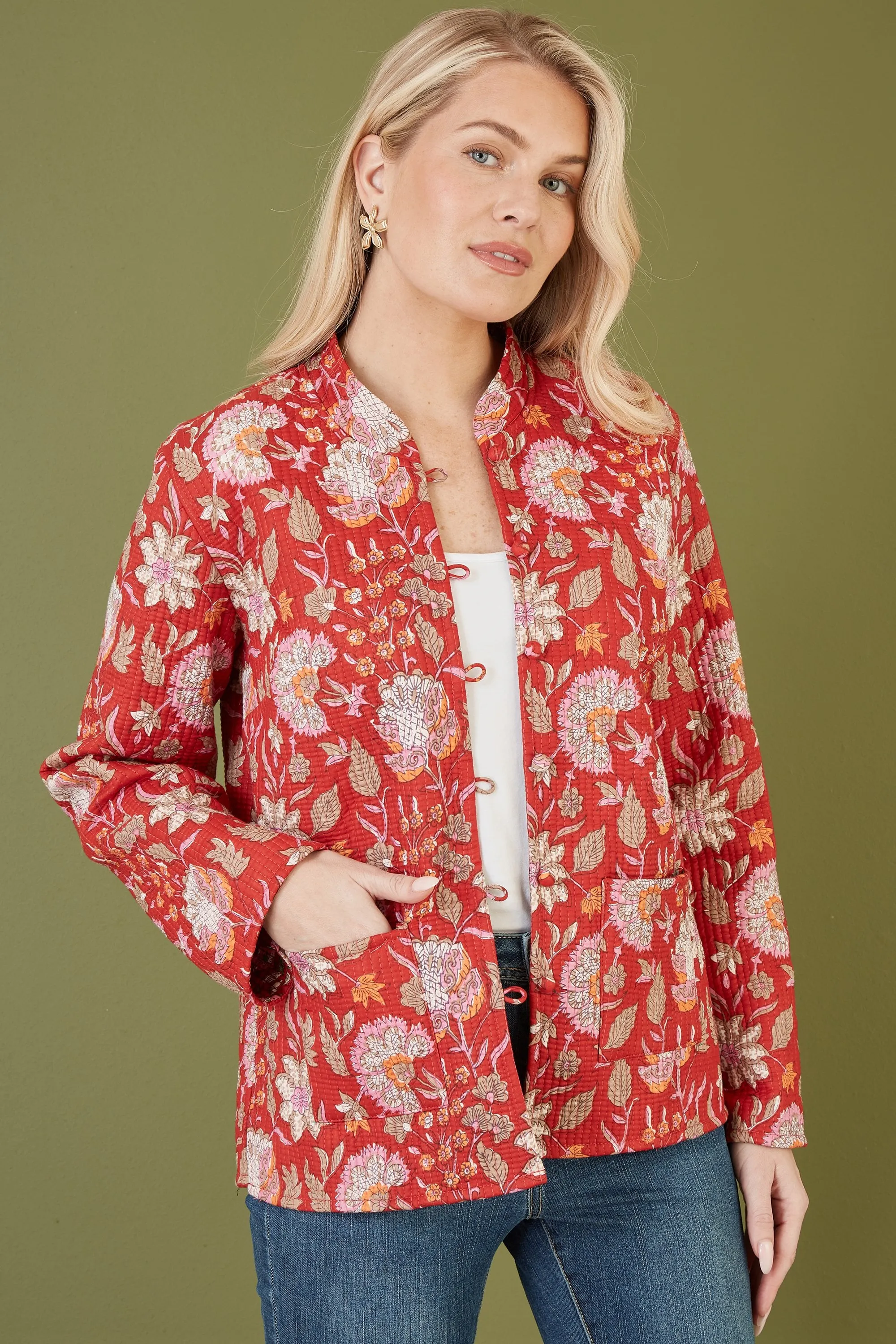 Yumi Red Floral Print Reversible Cotton Quilted Jacket