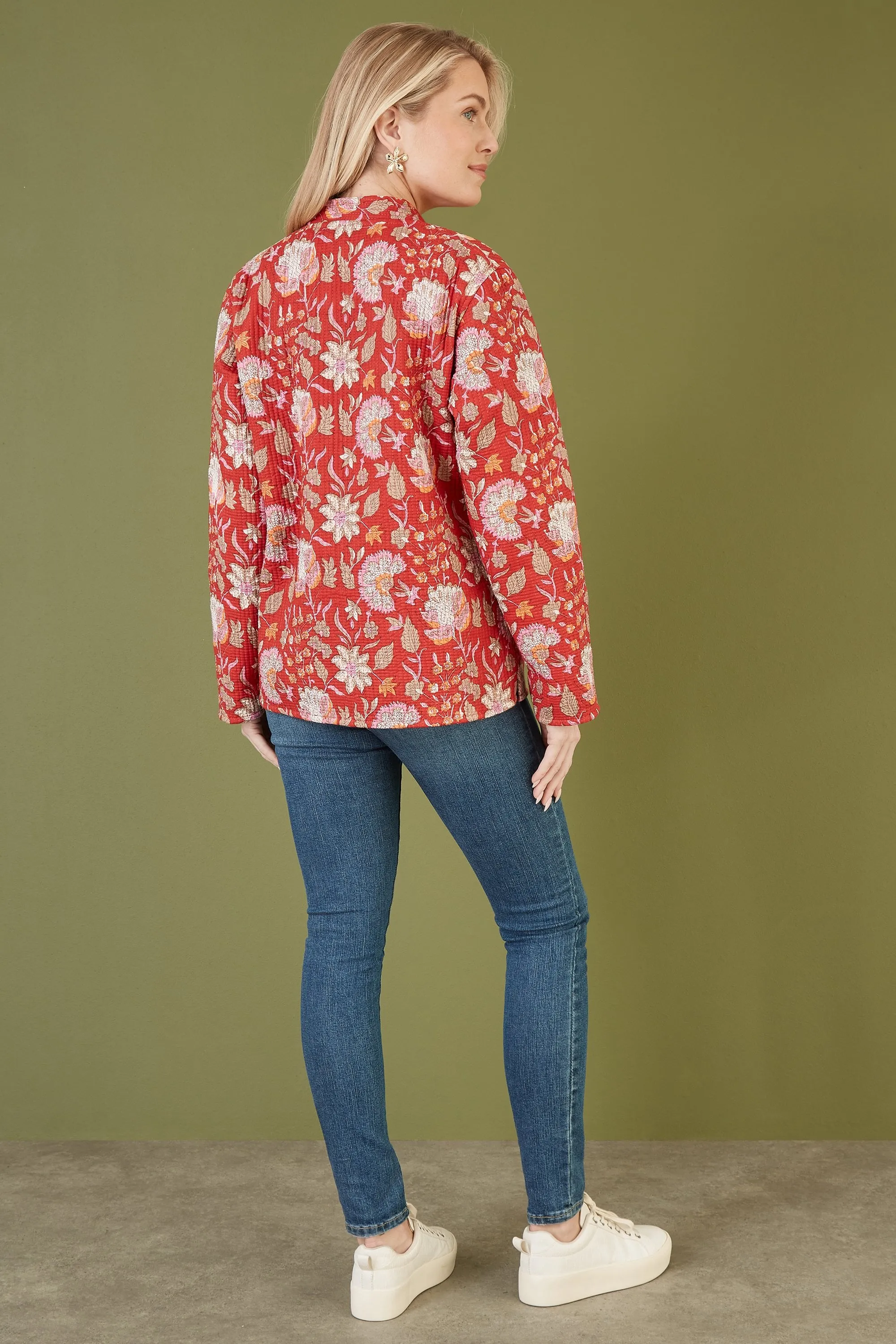 Yumi Red Floral Print Reversible Cotton Quilted Jacket