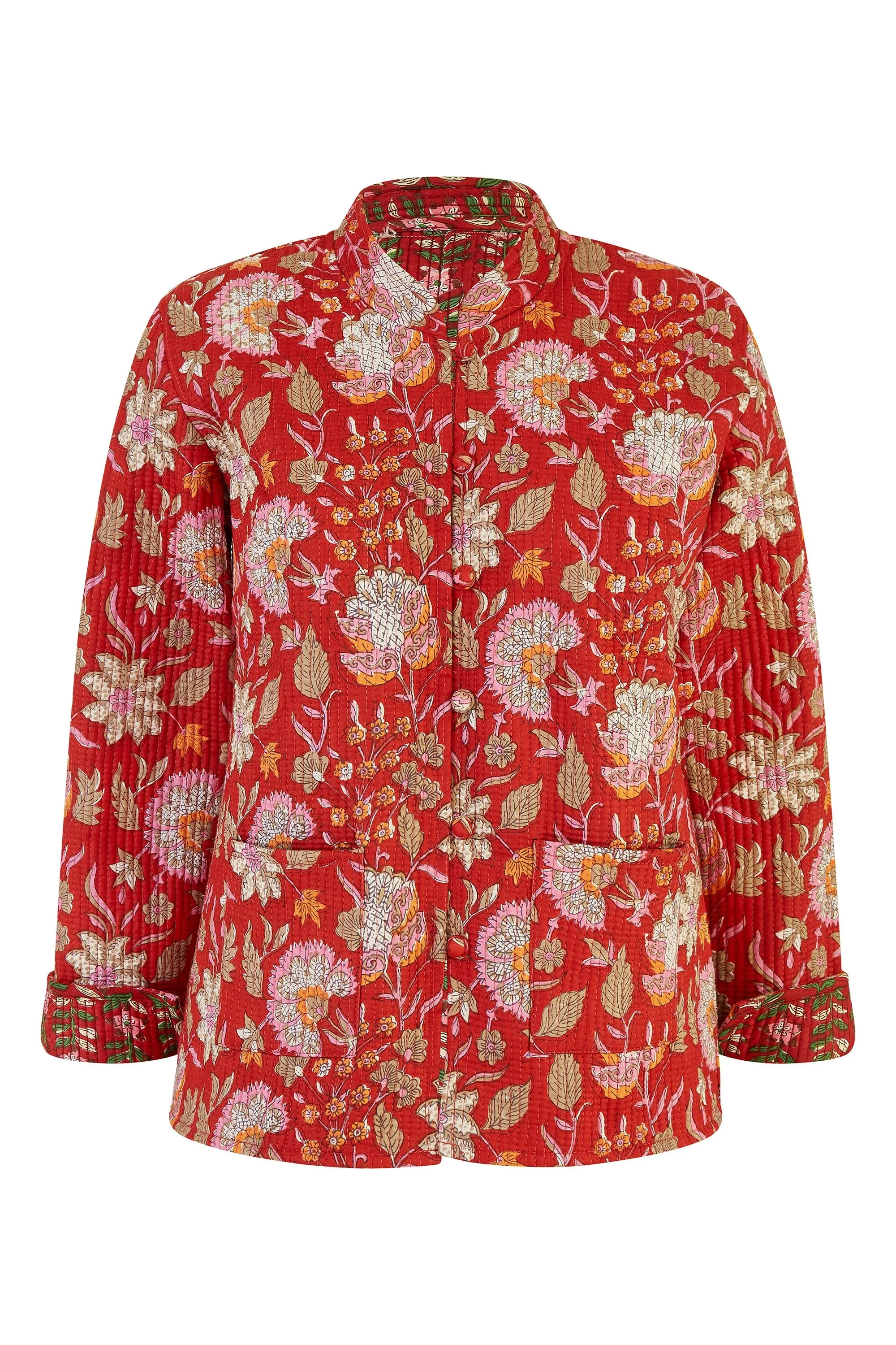 Yumi Red Floral Print Reversible Cotton Quilted Jacket