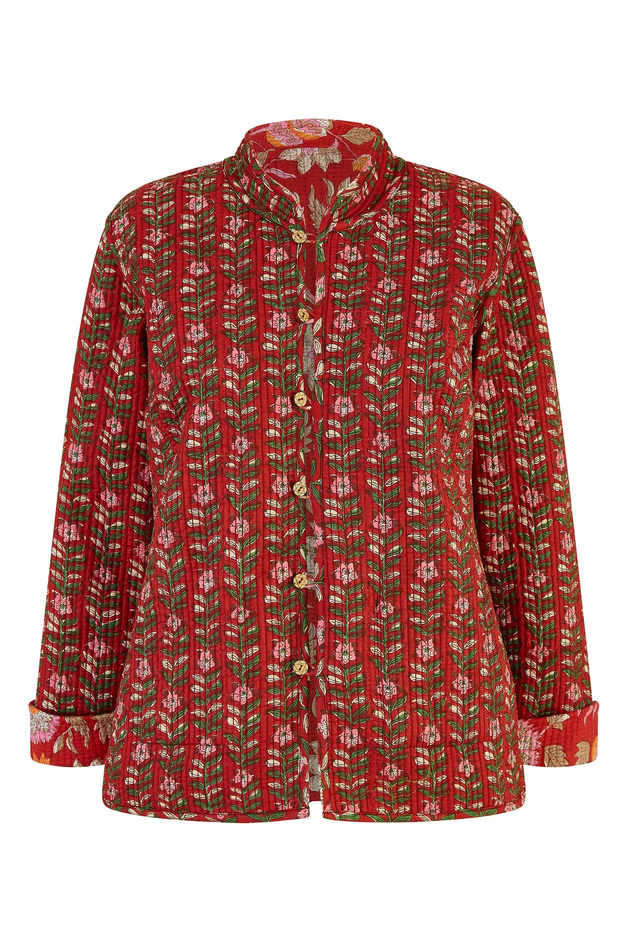 Yumi Red Floral Print Reversible Cotton Quilted Jacket